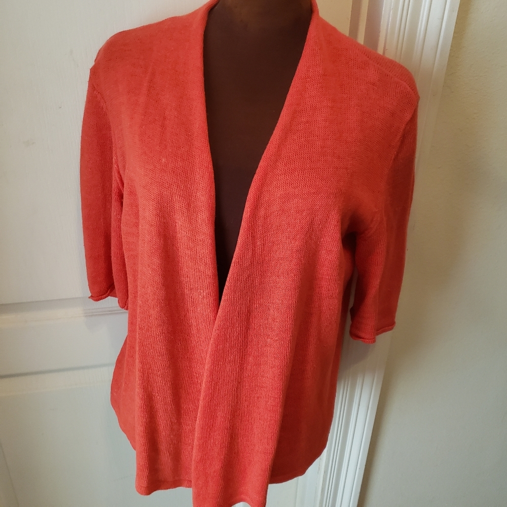 Eileen Fisher Vibrant Coral Linen 3/4 Sleeve Cardigan